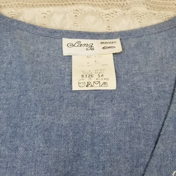 Vintage LANZ Embroidered Cottagecore Prairie Dress Blue Size 14 Pleated Skirt - Picture 10 of 11